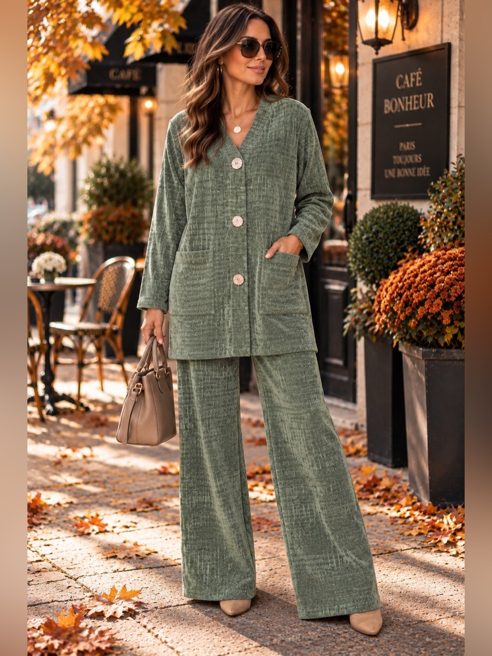 MADE IN FRANCE 🇫🇷 Cozy Sage Green Button-Up Wide-Leg Pant Set